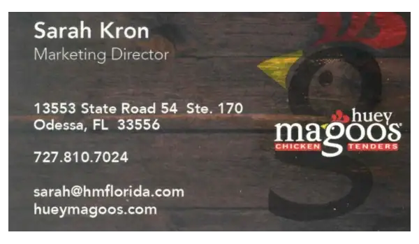 Huey Magoos Chicken Tenders business card